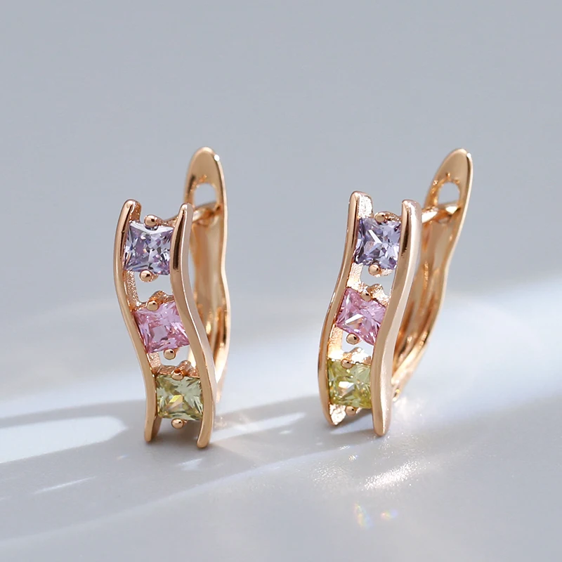 Personality 585 Gold Bright Purple Green Square Zircon Girl Earrings Korean Trendy Jewelry Party Cute Sexy Earrings for Women