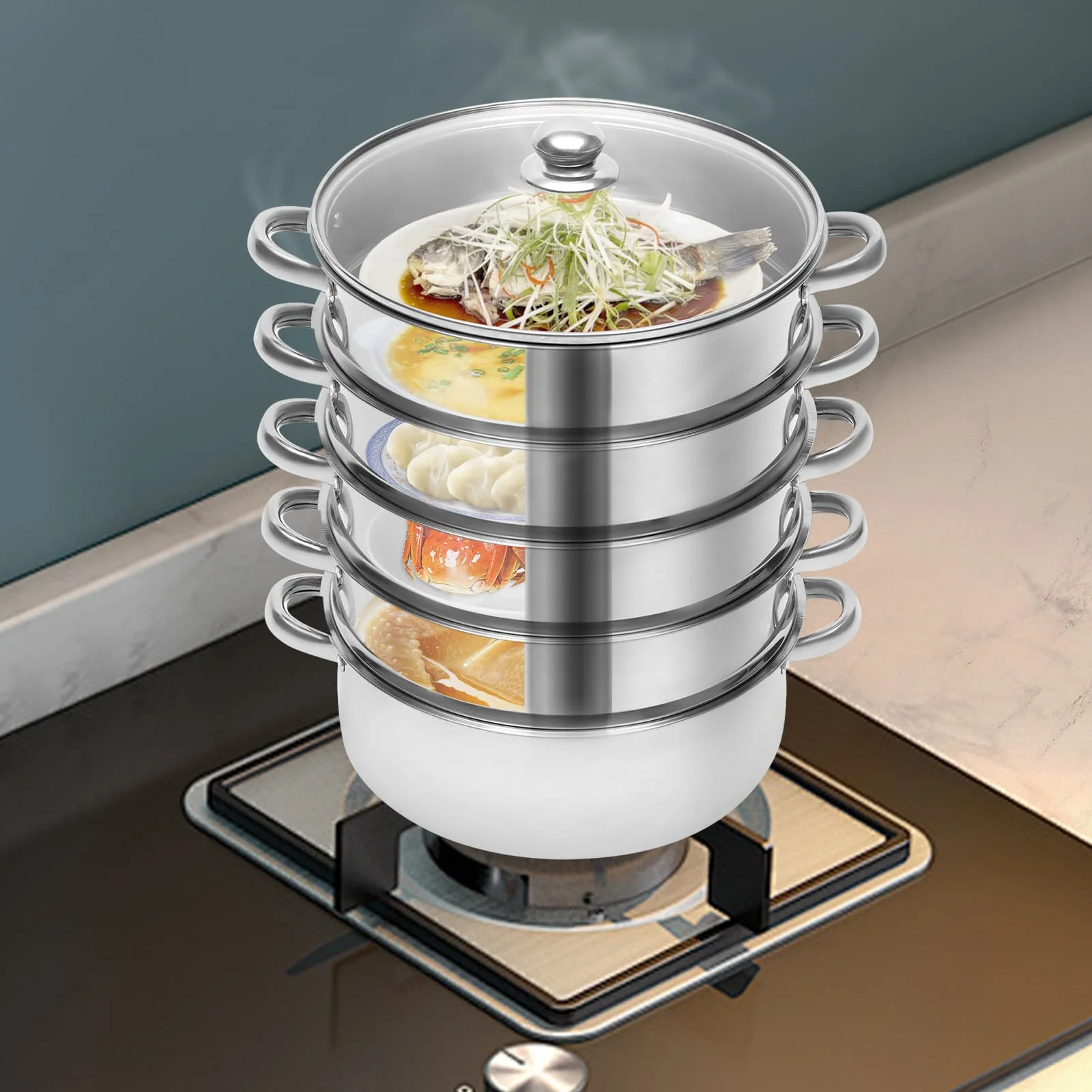 Total Height 42cm Stainless Steel Steamer for Cooking 3-Layer Composite Bottom Pot  for Steaming Corn, Dumplings, Buns
