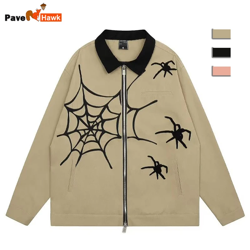 Retro Spider Web Jackets Men Women Spring Autumn Loose Harajuku Y2k Bomber Jacket Coats Zip Up Streetwear Unisex Hip Hop Outwear