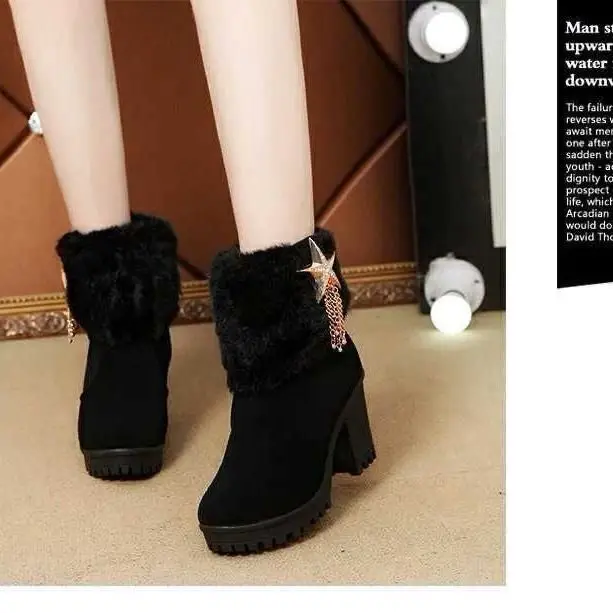 2019Square heel women winter shoes classic buckle warm fur snow ladies boots high heels black platform ankle boots women botas