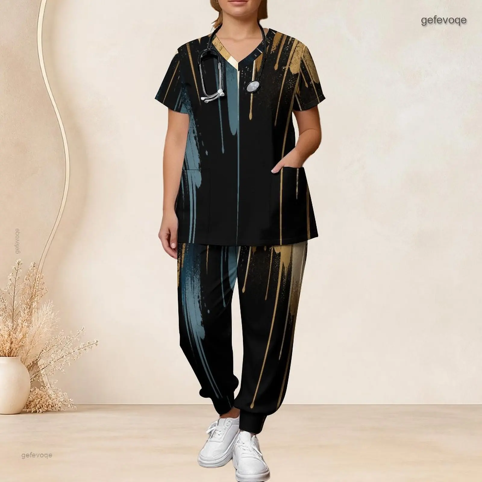 V Neck Short Sleeve Pocket Top Long Pants Two Piece Printed Scrub Set for Women