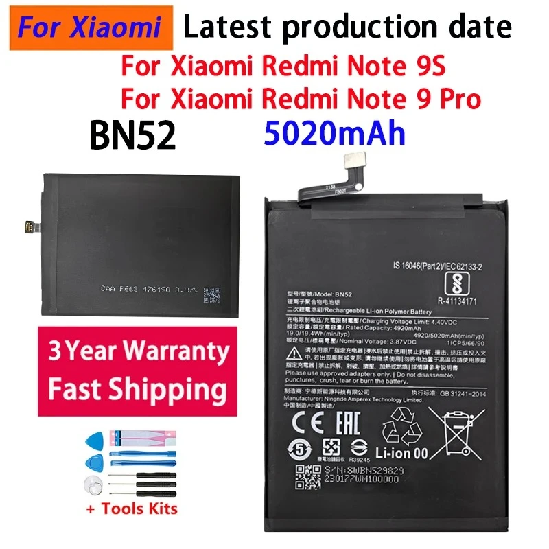 100% BN52 5020mAh Battery  For Xiaomi Redmi Note 9S Note 9 Pro  High Quality Phone Replacement Batteries Bateria Batterij +Tools