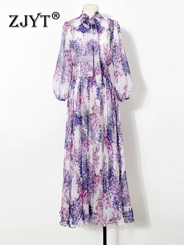 ZJYT Fashion Bohemian Style Purple Floral Print Maxi Chiffon Dress Women Elegant Bow Collar Long Vacation Beach Vestidos Spring