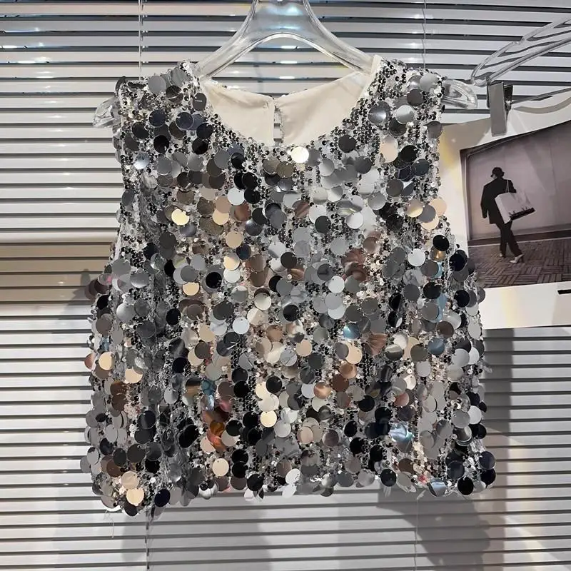 Summer Silver Sequin Glitter Party Club Vest Outerwears Sleeveless Women Dance Stage Coat Top