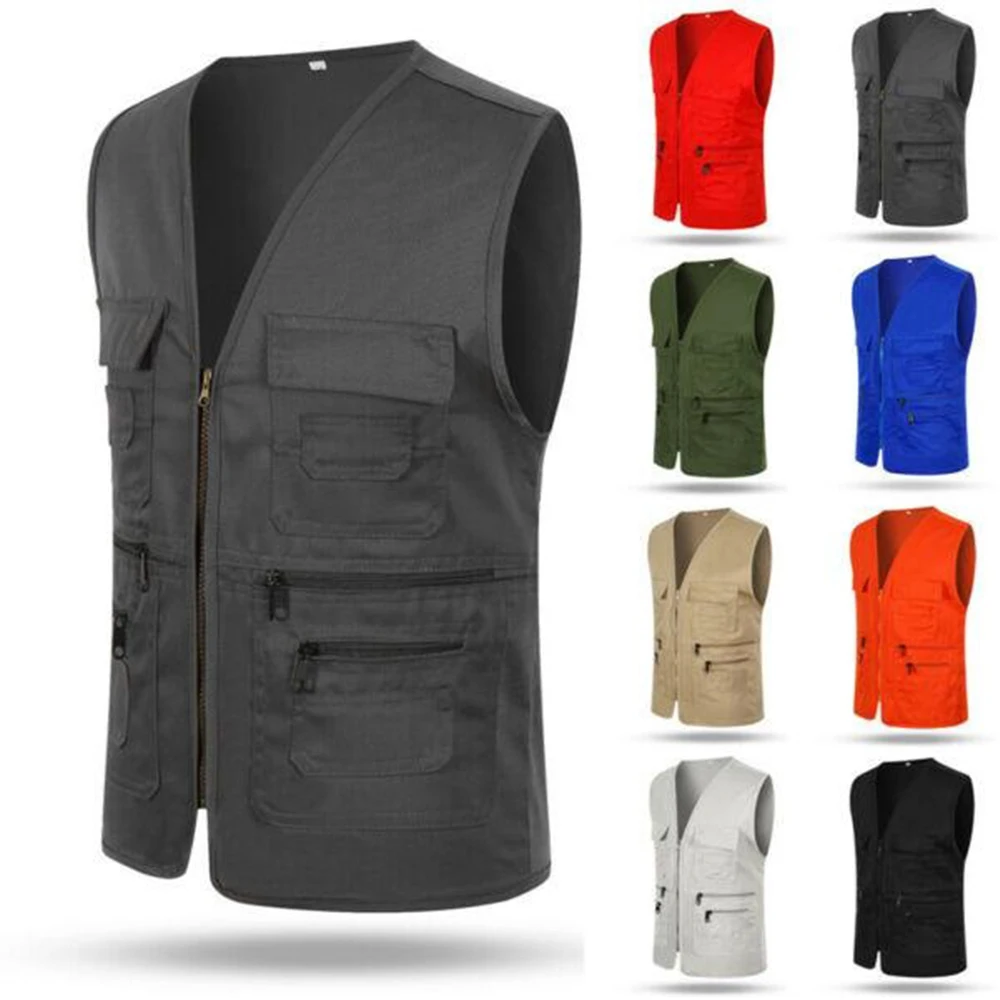 Mens Casual Cotton Vest Multi-pocket Vest Photography Waistcoat Fishing Workwear