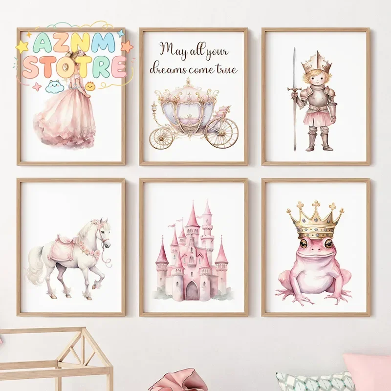 Wall Art Canvas Painting Princess Pumpkin Cart White Horse Prince Girl Nordic Posters Prints Pink Pictures Baby Kids Room Dec