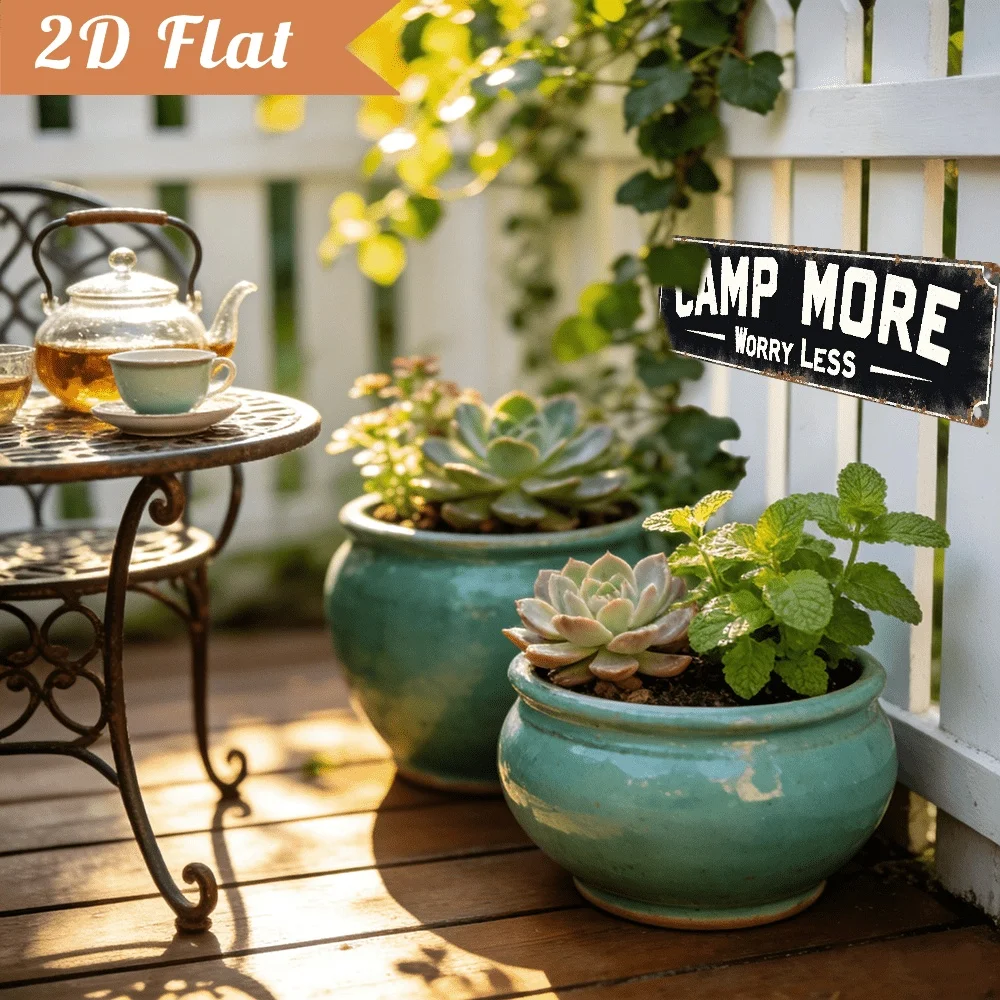 2D Flat Camp More Worry Less Metal Sign - 16x4 Inch Vintage RV Camper Decor - Rustic Wall Art for Van Life, Campground Home