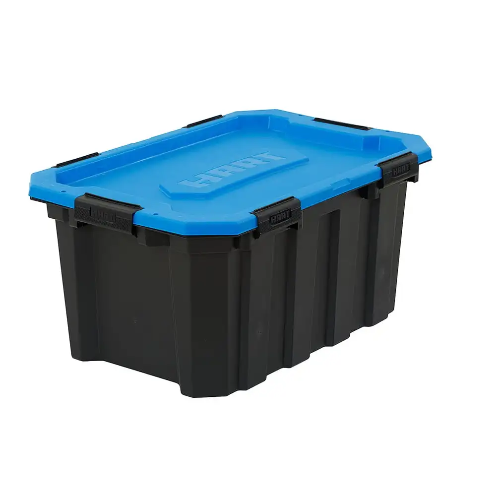 24 Gallon Water Resistant Latching Heavy Duty Plastic Storage Bin Black Base Blue Lid Interchangeable Lid Heavy Duty