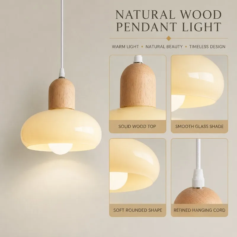 Modern Wooden Glass Pendant Light Minimalist Nordic Hanging Lamp Bedroom Bedside Dining Cafe Warm Ambient Ceiling Light Fixture