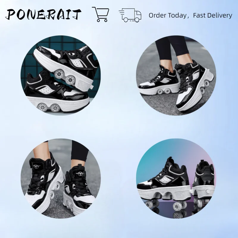 Sneakers Roller Shoes Outdoor Deformation Parkour Skates Dual-Use Children Girls Boys Adult Men Women Unisex Roller Skates