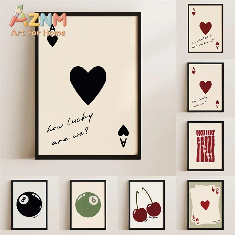 Boho Minimalist Art Illustrations Playing Card Posters Side Eye Sun Heart Canvas Painting Print Wall Art Picture for Home Dec