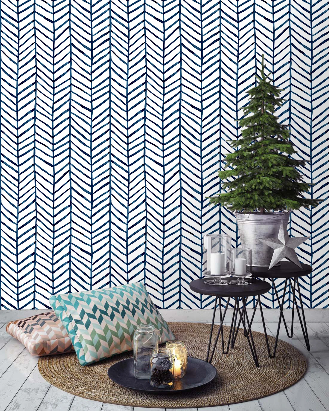 1 Stück moderne Streifen-Tapete zum Abziehen und Aufkleben, blau-weißes Fischgrätenmuster, selbstklebendes Vinyl-Kontaktpapier für Kinderzimmer, Heimdekoration