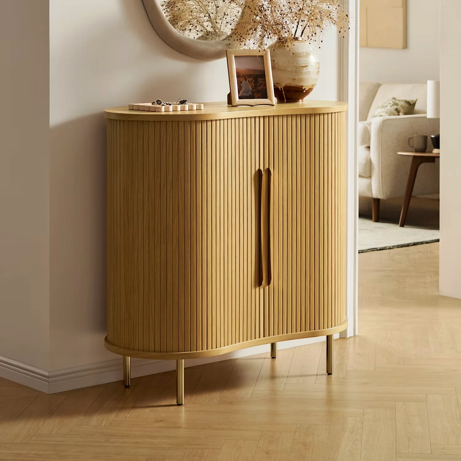 #Curved Fluted Oak Side Cabinet, Rounded Reeded Two-Door Buffet with Brass Metal Legs for Dining Room