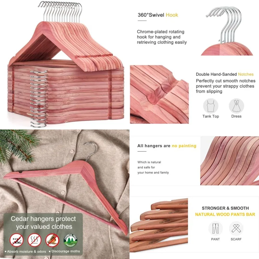 

American Red Cedar Wooden Hangers 30 Pack, Clothes Hangers for Closet, Wood Suit Hangers with Smooth Cut Notches, 360°Flexible
