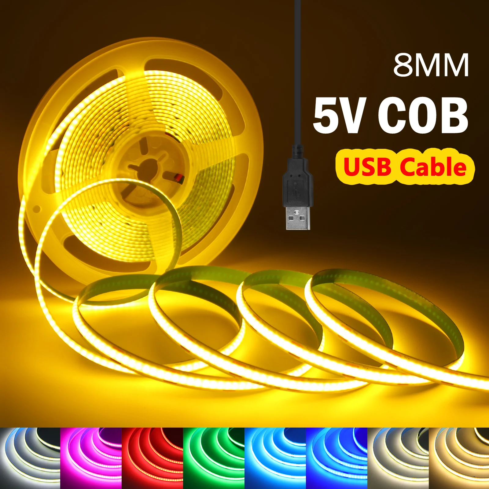 5V USB COB Led Strip Light 320LEDs/m Flexible Diode Tape Linear Indoor Lighting White/Red/Green/Ice Blue Room DIY TV Backlight