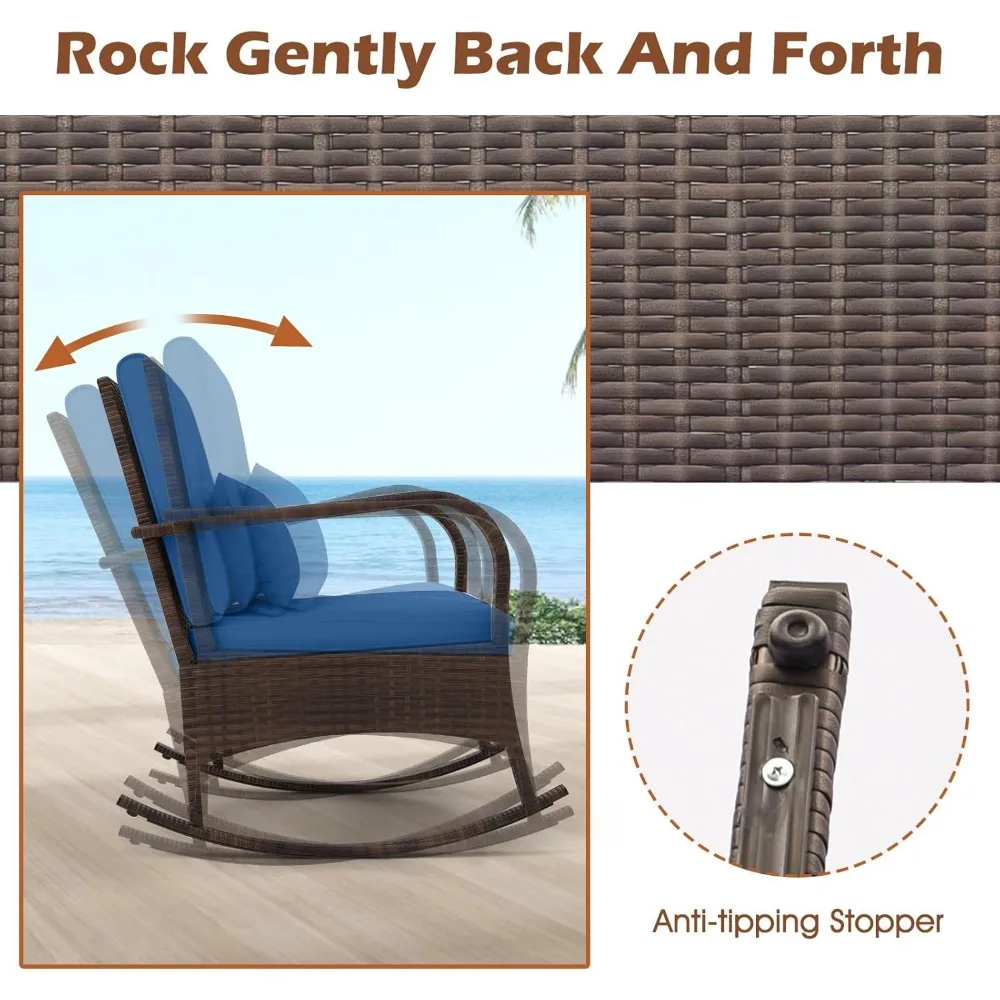 3 Pieces Patio Furniture Set, Outdoor Wicker Rocking Chairs with Cushions, Pillows, Glass Coffee Table, Rattan Bistro