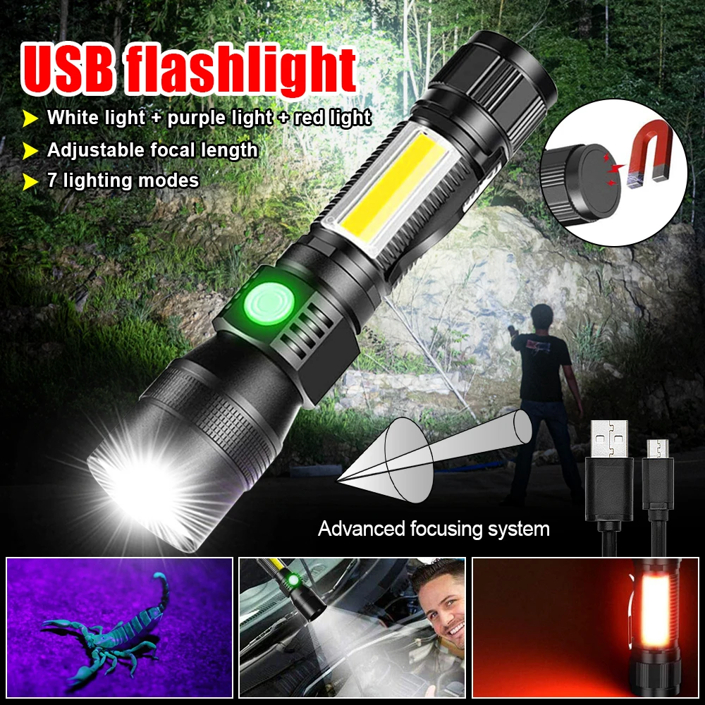 365nm UV Flashlight Rechargeable 3-in-1 Purple+white+red Bright Waterproof 7 Function Zoom COB Flashlight Camping Light Torch