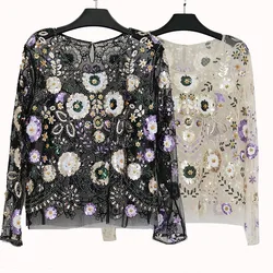 1pcs/lot woman embroidery sequin blouse lady long sleeve mesh summer blouse beach blouse