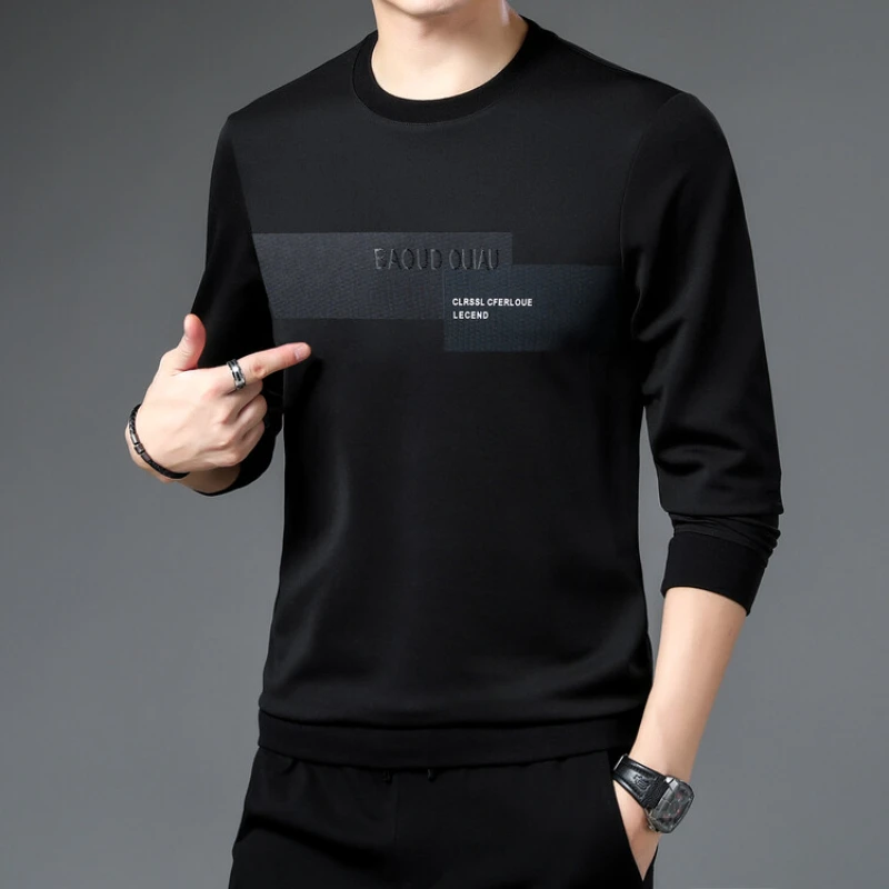 Black O-neck Long-sleeve T-shirt, Durable, Loose-fitting Casual Autumn Men's Hoodie Everyday Exercise Top.M-4XL