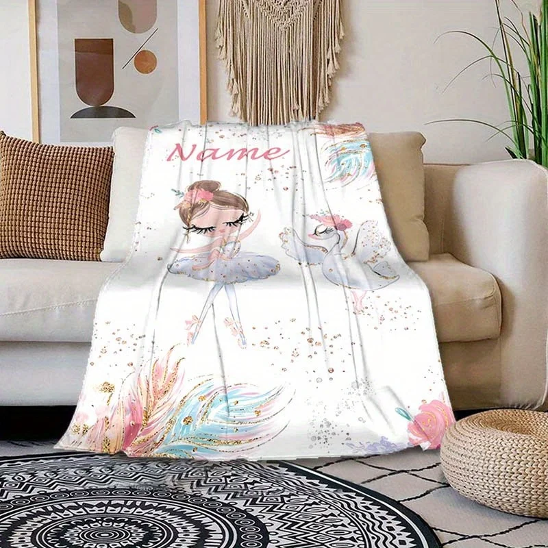 Custom Ballerina Fleece Blanket Personalized Name Swan Dance Throw All Season Soft Warm Bedding for Kids Girls Room Decor Gift