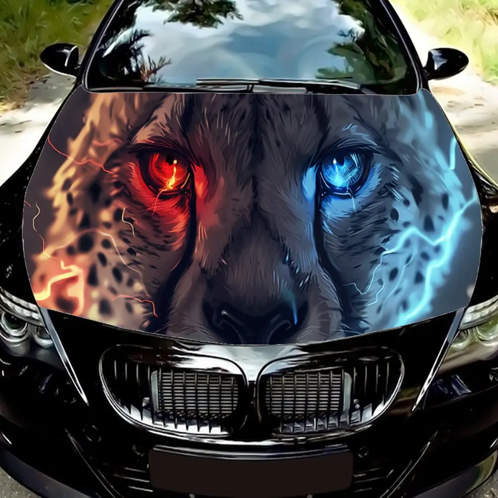 Lightning Cheetah w Red Blue Eyed Car Hood Wrap Color Vinyl Sticker Truck Graphic Bonnet Auto Accessories Decoration Decal Gift