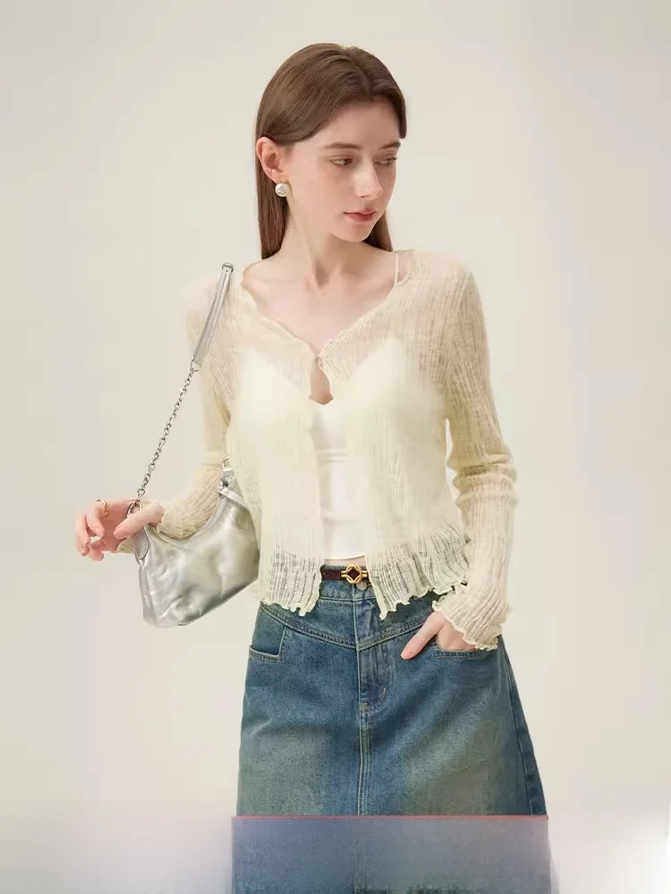 

Женский летний тонкий вязаный кардиган Vanshlanen с длинным рукавом, защита от солнца, ажурный, для кондиционированных помещений, на одной пуговице