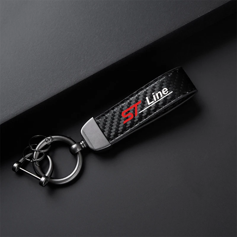 Car Carbon Fiber Leather Keychain Horseshoe Buckle Jewelry For ford st LINE stline kuga fiesta Car Accessories