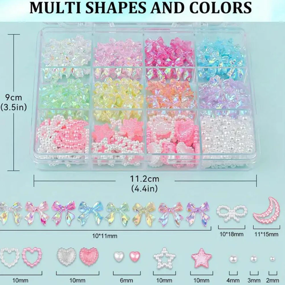 12/15Grids 3D Mixed Pearl Bow Nail Charms Rhinetones Half Round Pearl Flatback AB Nail Gems Butterfly Bowknots Nail Art Supplies