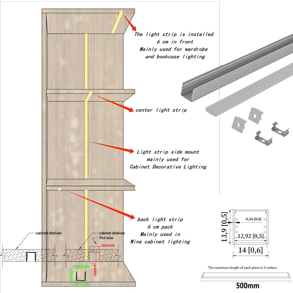 14x14mm (5pcs) 0.5m Multi-Functional LED Strip Lighting for Cabinets & Wardrobes Stylish Aluminum Profile LED Light Strips
