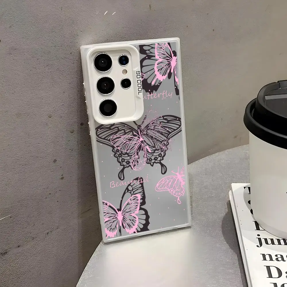 Pink Butterfly Pattern Phone Case For Samsung Galaxy S25 Edge S24 S23 S22 S21 Ultra Funda Silicone Colorful Silver Phone case