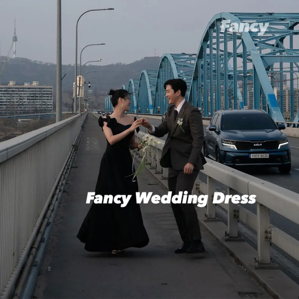 

Fancy Simple Off Shoulder Korea Wedding Dress A Line Soft Satin Bridal Gown Short Sleeve Back Corset Customized