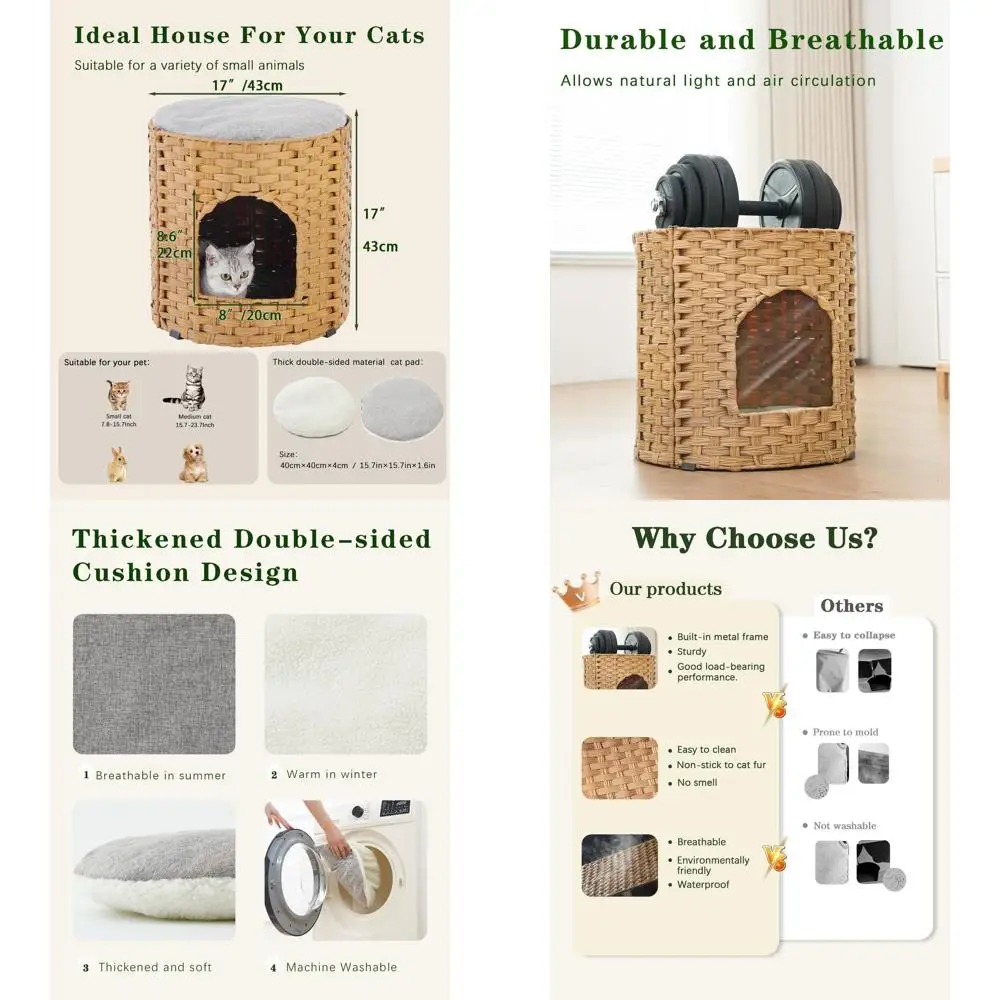 

Large Double Indoor Cat House, Handwoven Rattan Bed Cave with Soft Pad, 17 Folding Hideaway for Kittens in Natural Style
