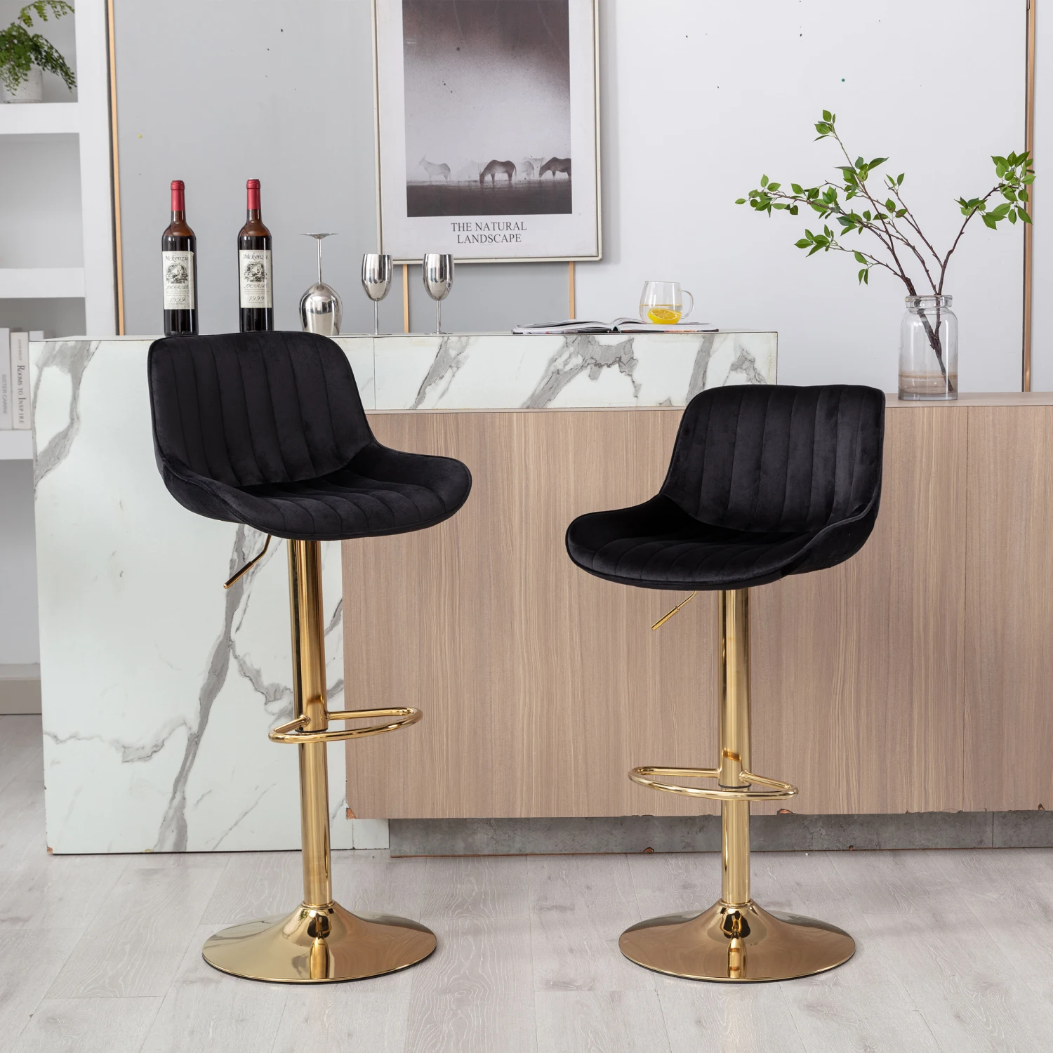 Height Adjustable Velvet and Golden Leg Bar Stool Set, 2 Pack, Black