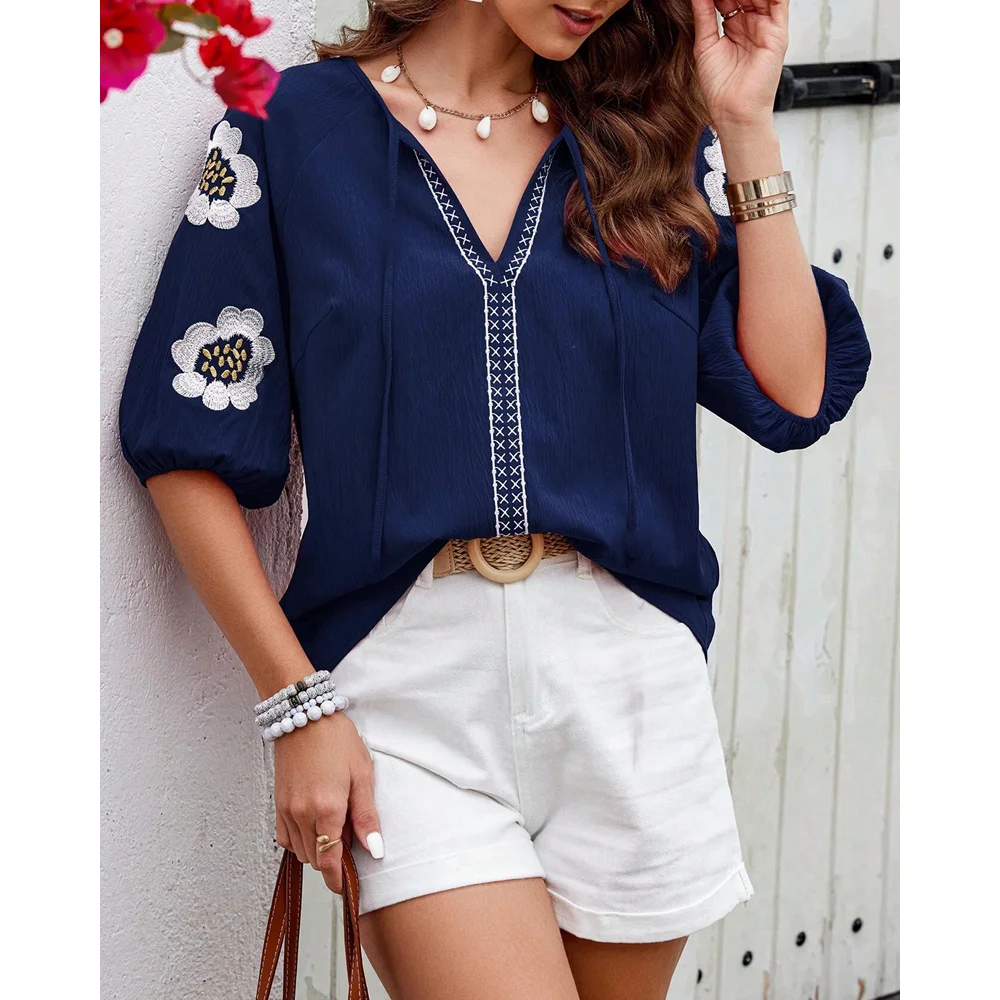Summer Women Embroidery Floral Blouse Casual Short Lantern Sleeve Female V-neck Lace Up Streetwear Clothing