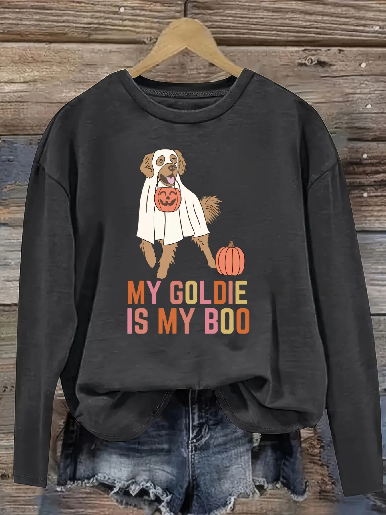 Women's Casual Long Sleeve Crew Neck T-Shirt My Goldie Is My Boo Design, Round Neck Women's Clothing, Machine Washable, Slightly Elastic, Loose Fit, Spring Autumn Winter Women's T-Shirt, Halloween Costume Outfit