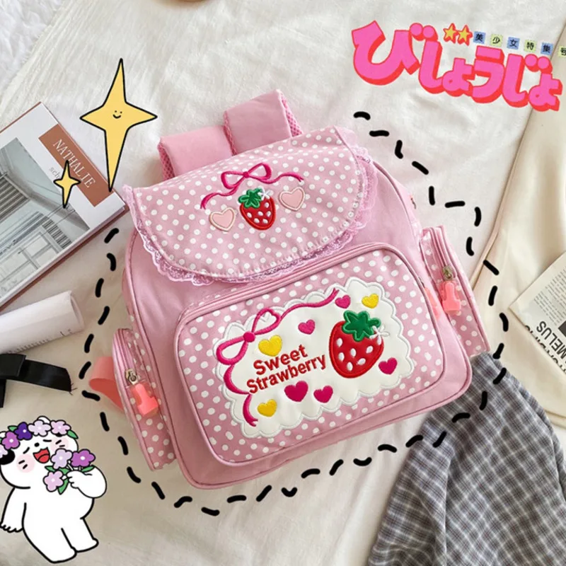 Mochilas de morango bordado rosa para meninas, Japão frutas, renda, grande capacidade, impermeável, estudante, presentes de aniversário, novo, 2023