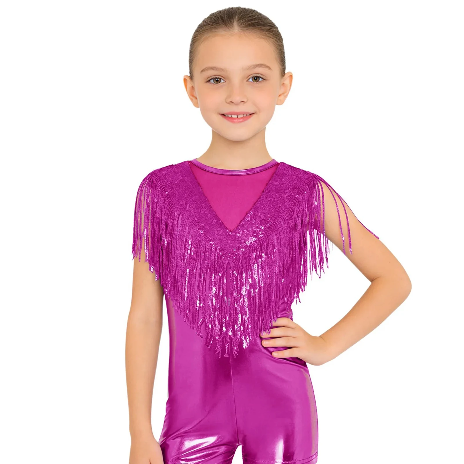 Children's Unitard Kids Girls Sequin Tassels Metallic Jumpsuit 70s Disco Costume Sleeveless Bodysuit Stage Performance Dancewear