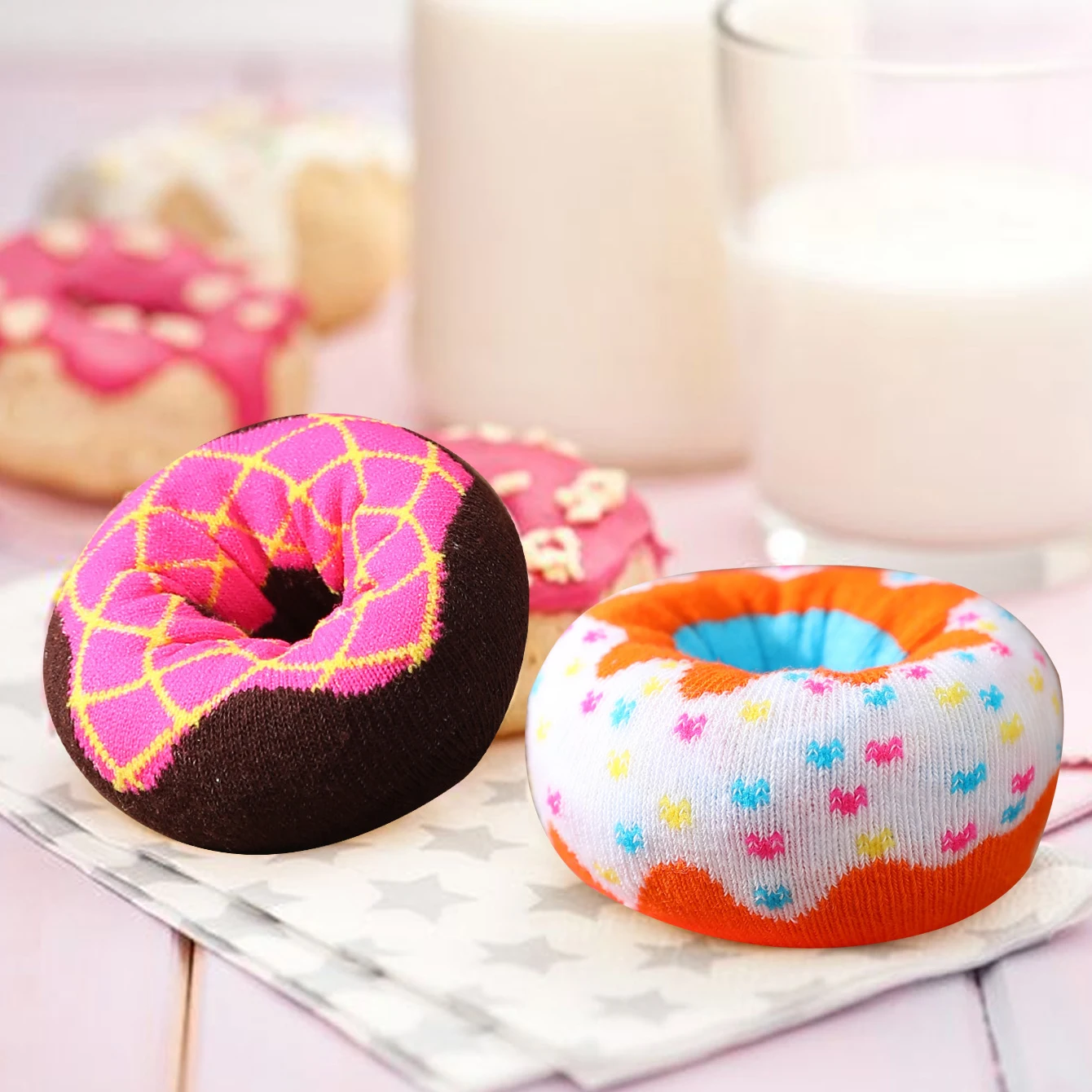 Two Pairs of colorful Donuts Pattern Fashion Trendy Socks Are Suitable for Christmas Valentine's Day Gifts on Halloween
