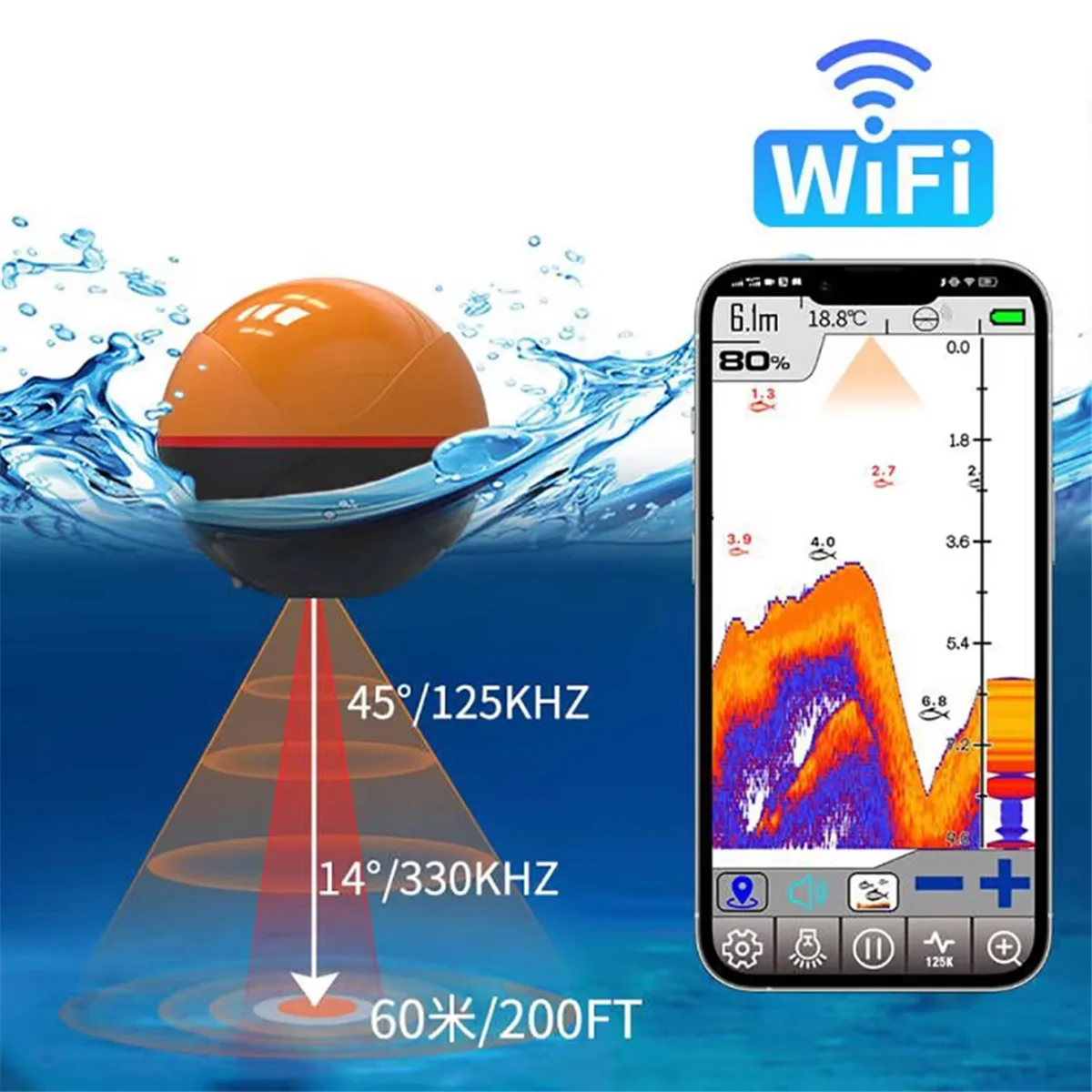 AAAB 2025 Erchang F68W Wifi Fish Finder Sonar for Fishing 125khz/330khz - Portable Wireless Android and IOS APP