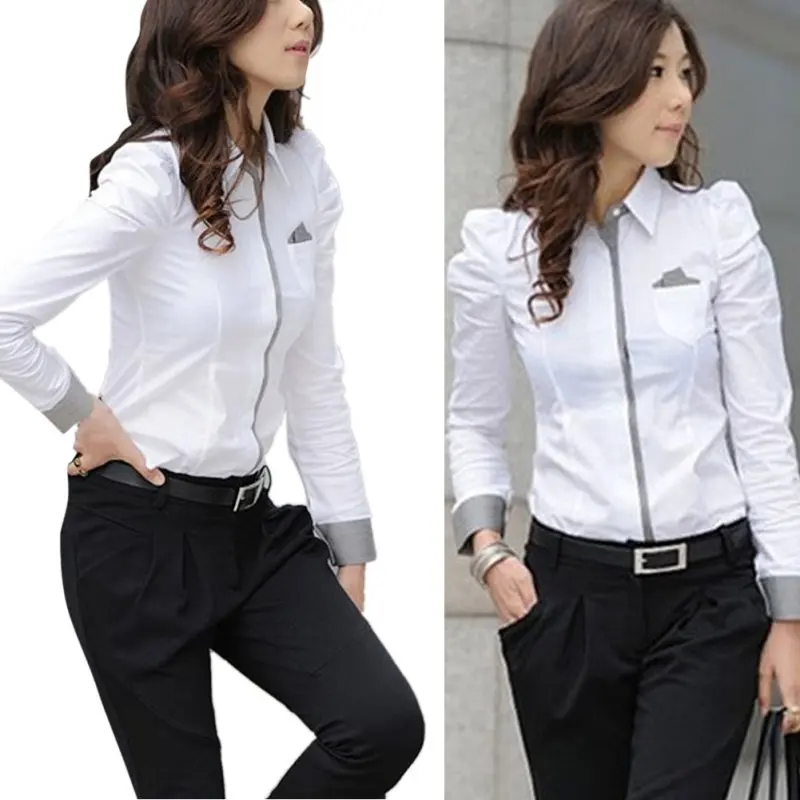 Women\'s Professional Blouse Bubble Sleeve Lapel Shirt Button Long Sleeve Tops