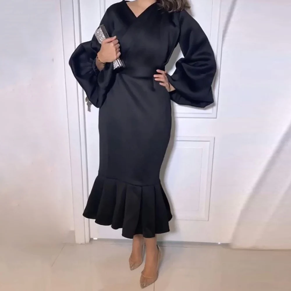 

Women’s Elegant Plus Size Satin Evening Dress V-Neck Puff Sleeve High Waist Party Fishtail Midi Dress Dinner Prom Long Dresses