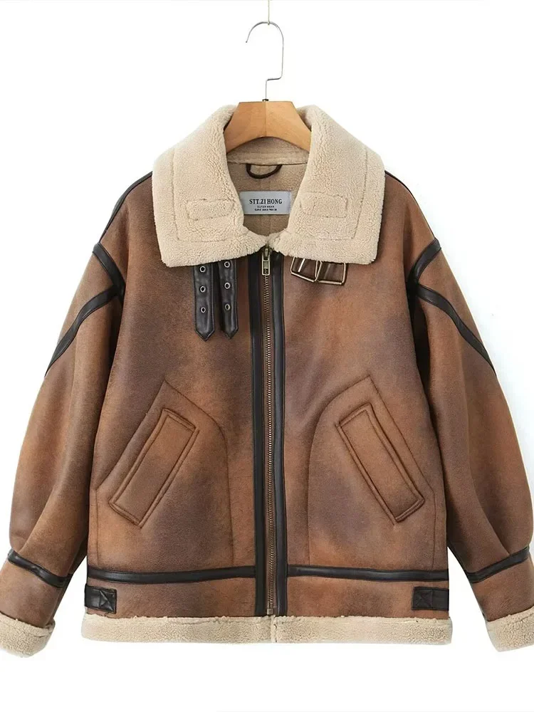 

LIBIELIY Lambswool Coat Women Winter Thickened Motorcycle Clothing Leather Jacket Loose Stand Collar Fur Integrated High-grade J