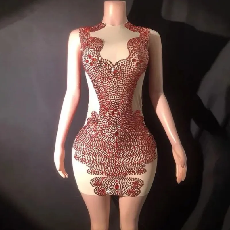 

Red Sequins Shinning Crytrals Sexy Sheath See Through Mini Dress Evening Party Performance Costume Bar Nightclub Stage Wear