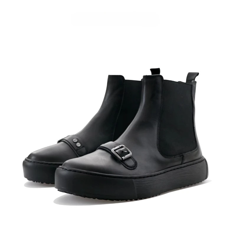 Black Leather Slip‑On Chelsea Boots for Men Metal Buckle Ornament Chunky Platform Sole Punk Streetwear Daily Casual Footwear