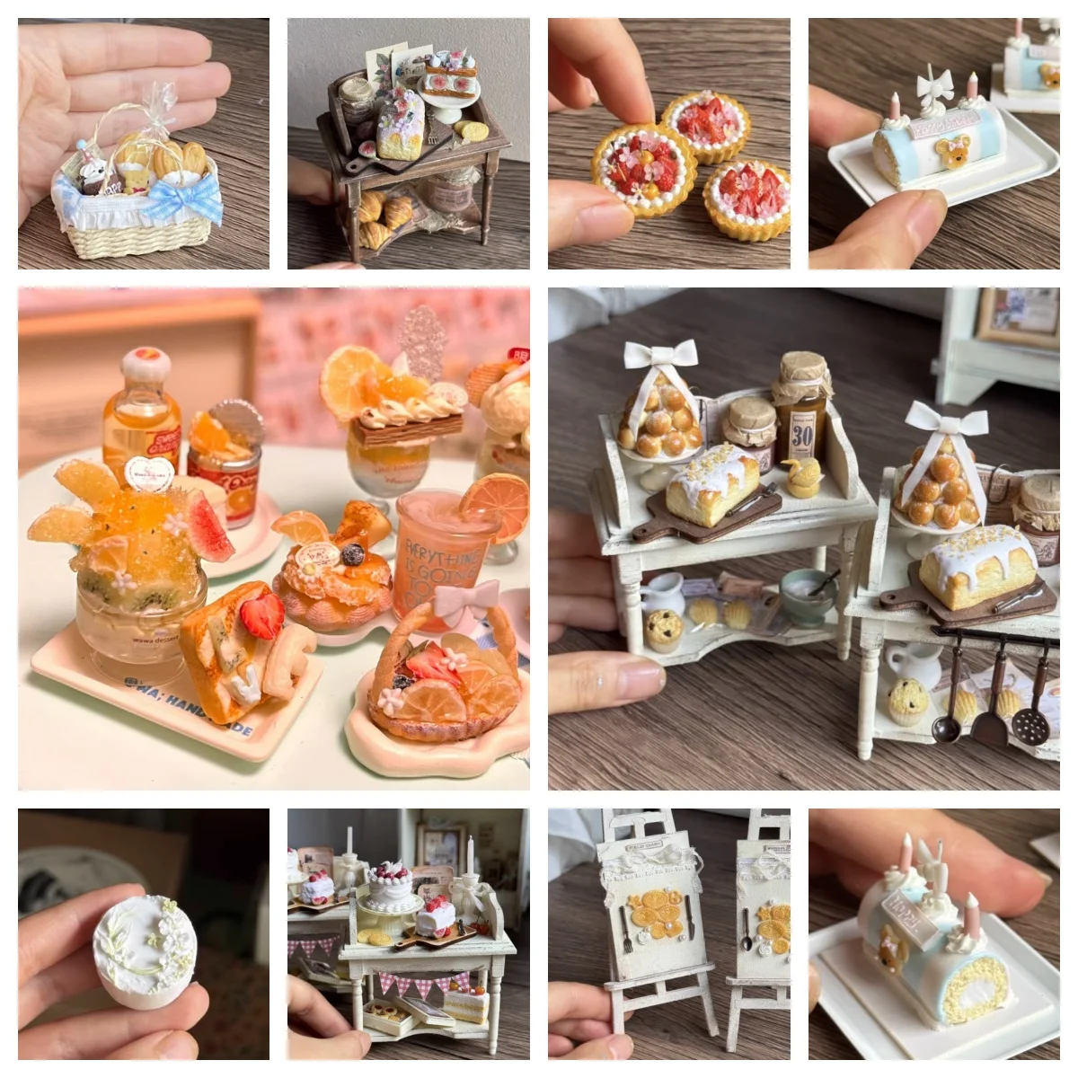 

Dollhouse Miniature Dessert Table Set - Mini Cake, Orange & Swan Pastry, Cream Cake for DIY Dollhouse Decor