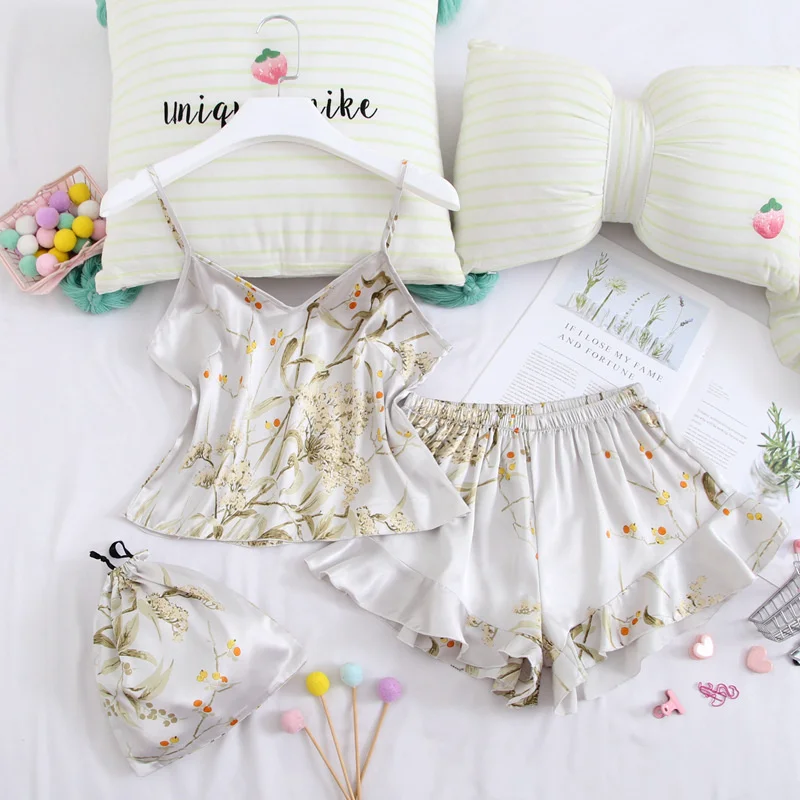 Lisacmvpnel Summer Ice Silk Pajamas Women's Suspender Shorts 2 Pcs Set Flowers Sexy Home Clothes Can Be Worn Outside Sleepwear