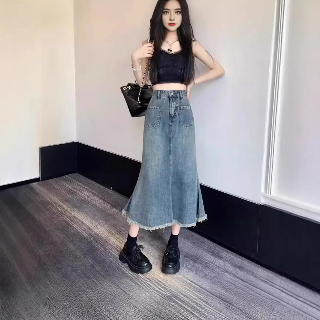 Women's Long Fishtail Denim Skirt, Vintage Plus Size, New  Spring/Summer, Frayed Hem, High Waist, Slimming