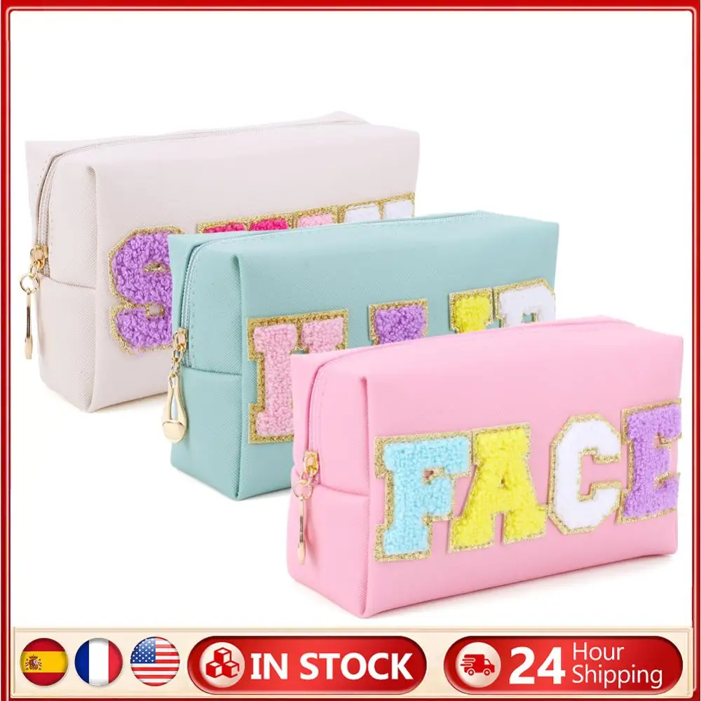 

3PCS Preppy Patch Makeup Bag Zipper Closure Chenille Letter Waterproof Toiletry Bag PU Leather for Women for Travel Accessories