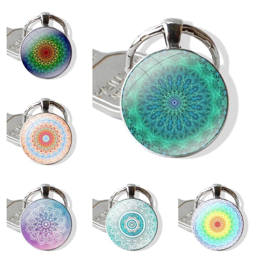 Glass Metal Pendant Key Chain Classic Men Women Key Ring Accessories Jewelry Gifts Blue totem mandala flower