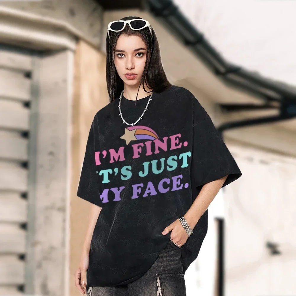 Colorful Letter Print Women's T-Shirt American Retro Teen Oversized Short Sleeves Personality Fashion Design Crew Neck Washed Te